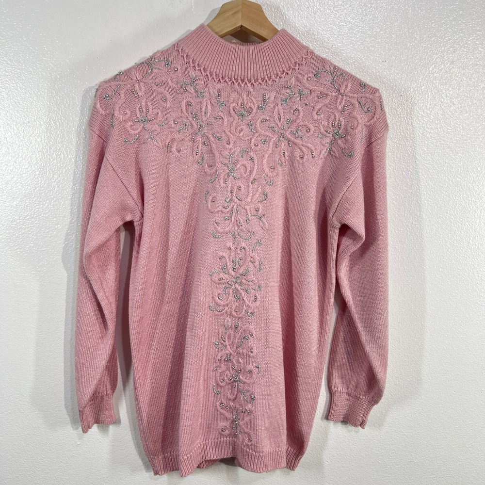 Vintage.Jaclyn Smith Embellished Sweater Mock Neck Pink Knit Pullover Size Small